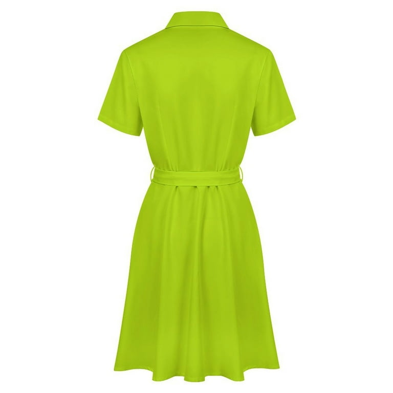 Bright Green Lime Neon Color Womens Shirt Dresses Women'S Short Sleeve Dress  Turn-Down Collar Dress A Line Casuall Dress Oversize(XS-6XL) - Walmart.com