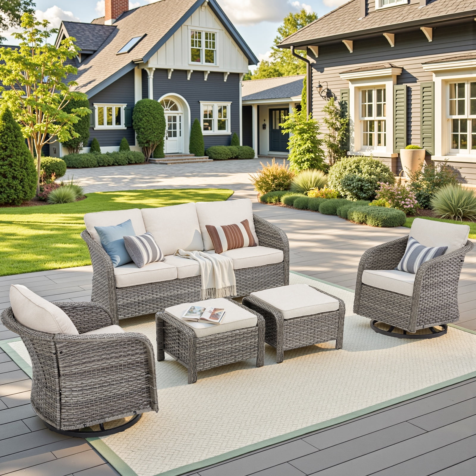 PPorfamilia 5 Piece PE Rattan Patio Conversation Sofa Sets, Outdoor Sectional Furniture Sets with Rocking Swivel Chairs and Ottomans, Beige Cushions