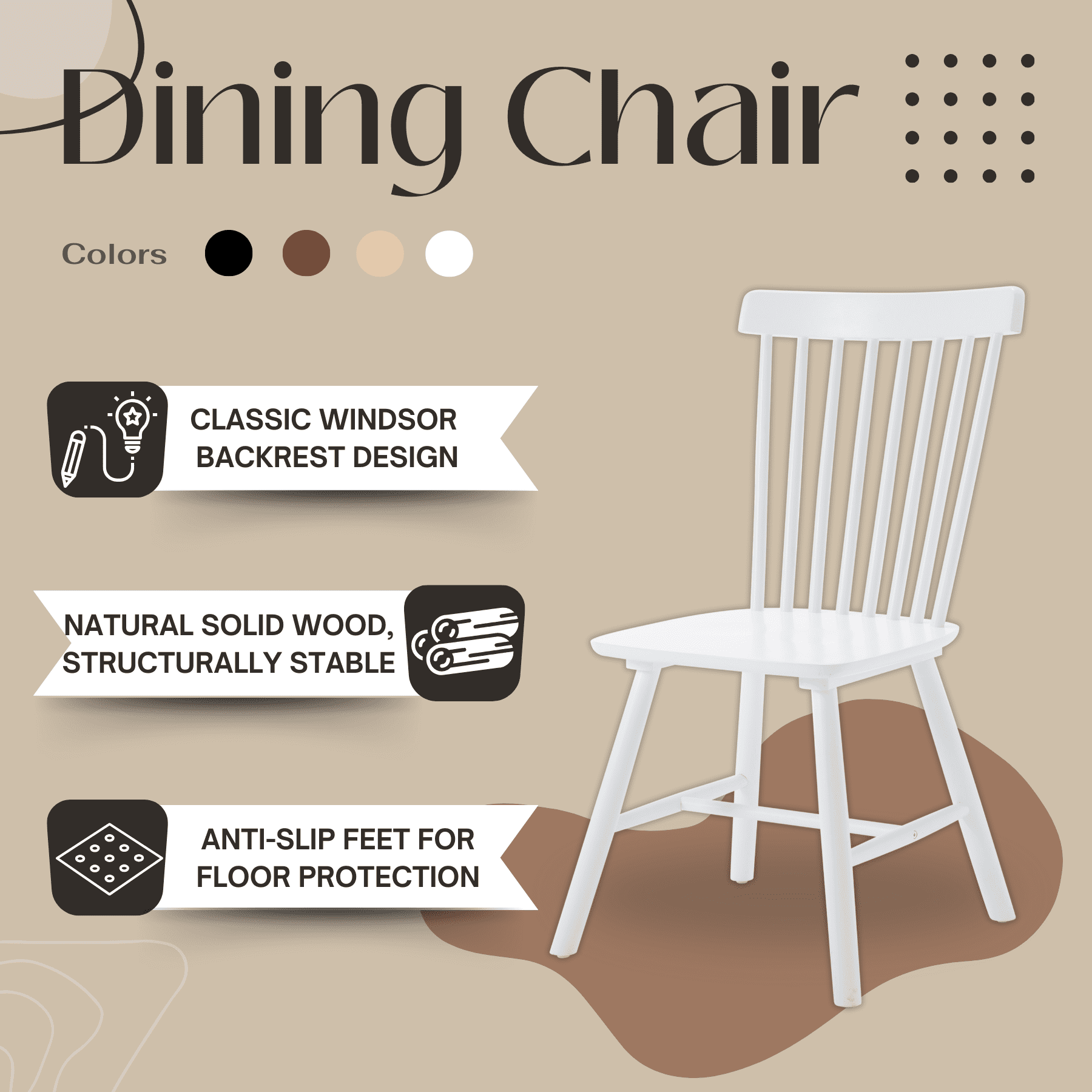 Dayalane Farmhouse Windsor Dining Chairs Set of 2, Solid Wood Spindle Back Dining Side Chairs, Mid-Century French Country Oak Kitchen Chairs for Dining Room Living Room Kitchen Restaurant, White