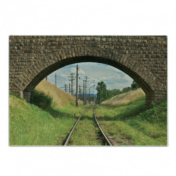 Landscape Cutting Board, Stone Bridge Old Railway Cloudy Sky Trees Grass Long Journey Tranquil View Print, Decorative Tempered Glass Cutting and Serving Board, Small Size, Green Brown, by Ambesonne