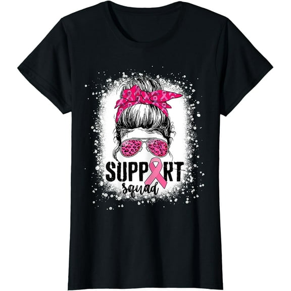 Support Squad Messy Bun Pink Warrior Breast Cancer Awareness T-Shirt