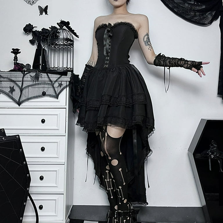 Dresses for Women Dark Style Short Front Long Back Sexy Slim Gothic Belted Strappy Backless Dress Renaissance Dress Black L, Women's, Size: Large