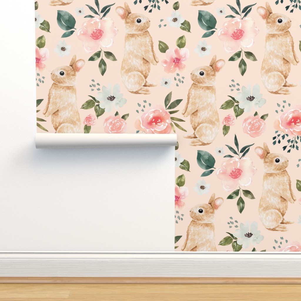 Peel & Stick Wallpaper 6ft x 2ft Vintage Spring Bunny Floral Rabbit