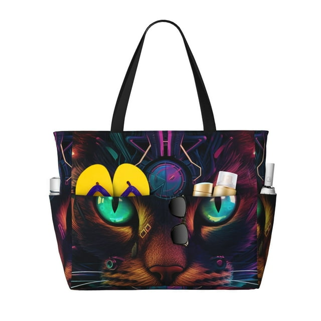 Kdxio Futuristic Cat Warrior Pattern Large Capacity Beach Travel Bag with Zipper Multiple Pockets Foldable Waterproof Tote for Pool Gym Camping Travel