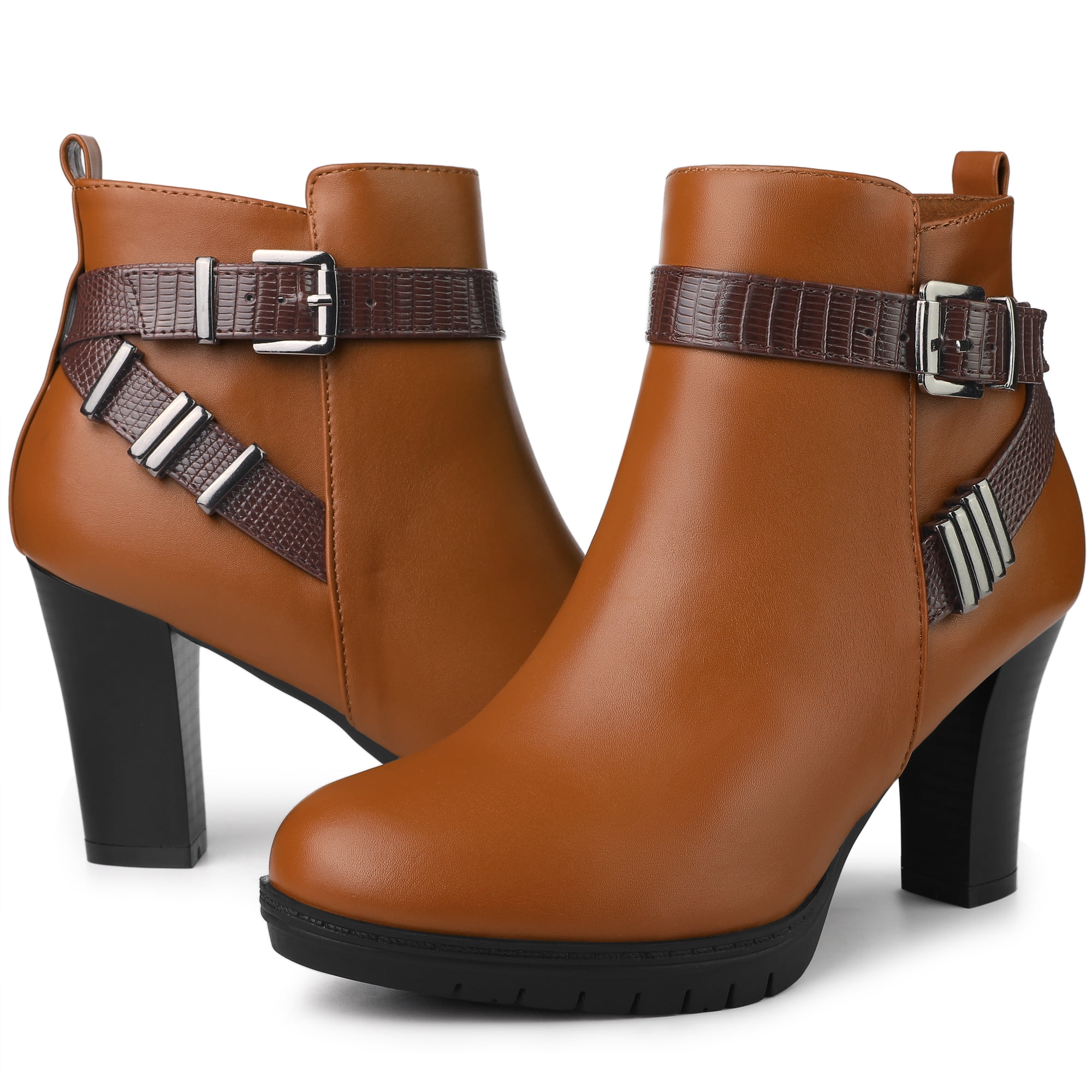 Unique Bargains Platform Block Heel Boots Buckle Ankle Boots for Women Brown 9.5