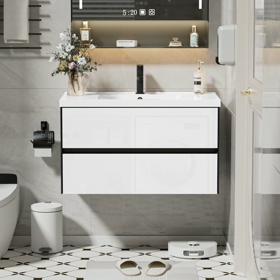 Eclife 36" Black and White Single Bathroom Vanity with Integrated Sink Top, Faucet and Drain