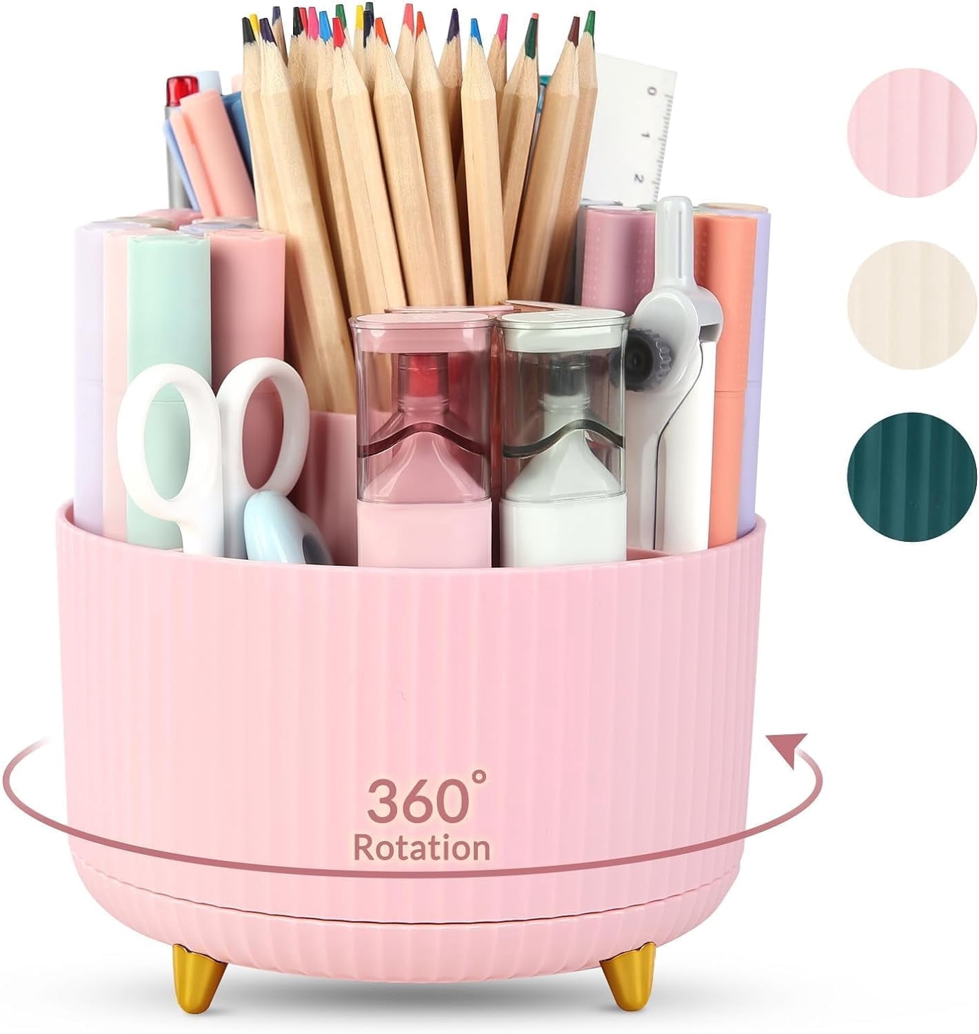 lsvgoe 360 Degree Rotating Desk Organizer, Dual-Purpose Pencil Pen Holder for Desk, Rotating Desk Pen Organizer with 5 Slots, Art Supplies, Pencil Cup for Office, Home (Purple)