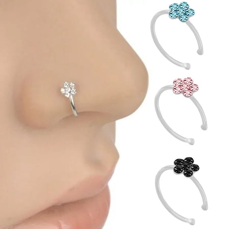 Opvise Women Fashion Rhinestone Inlaid Flower Shape Nose Ring Body Piercing Jewelry
