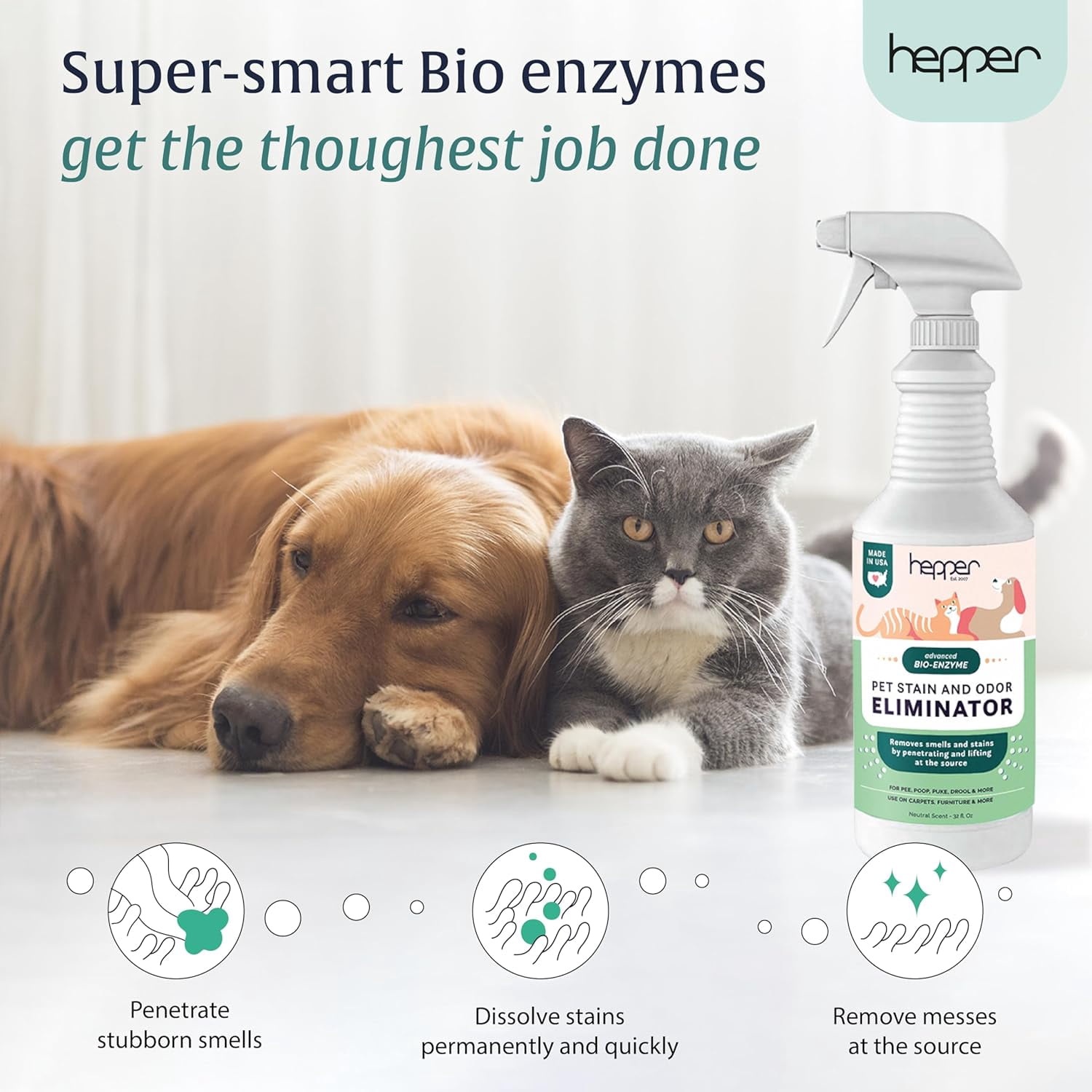 Advanced Bio-Enzyme Pet Stain & Odor Eliminator Spray - Smell, Stain & Urine Remover for Cats, Dogs & Other Animals - 32oz Spray Safe for the Home - Neutral
