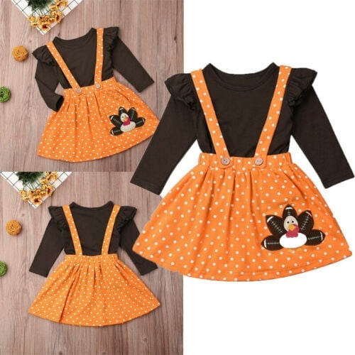 Autumn Kids Baby Girl Thanksgiving Clothes Tops+Strap Turkey Dot Skirt