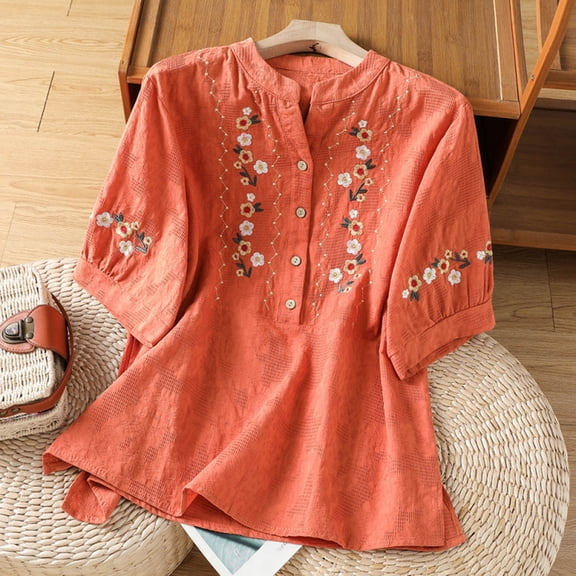 IUYRTFE Women's Short Sleeve Floral Embroidered Blouse Split Neck Button Up Summer Casual Tunic Top