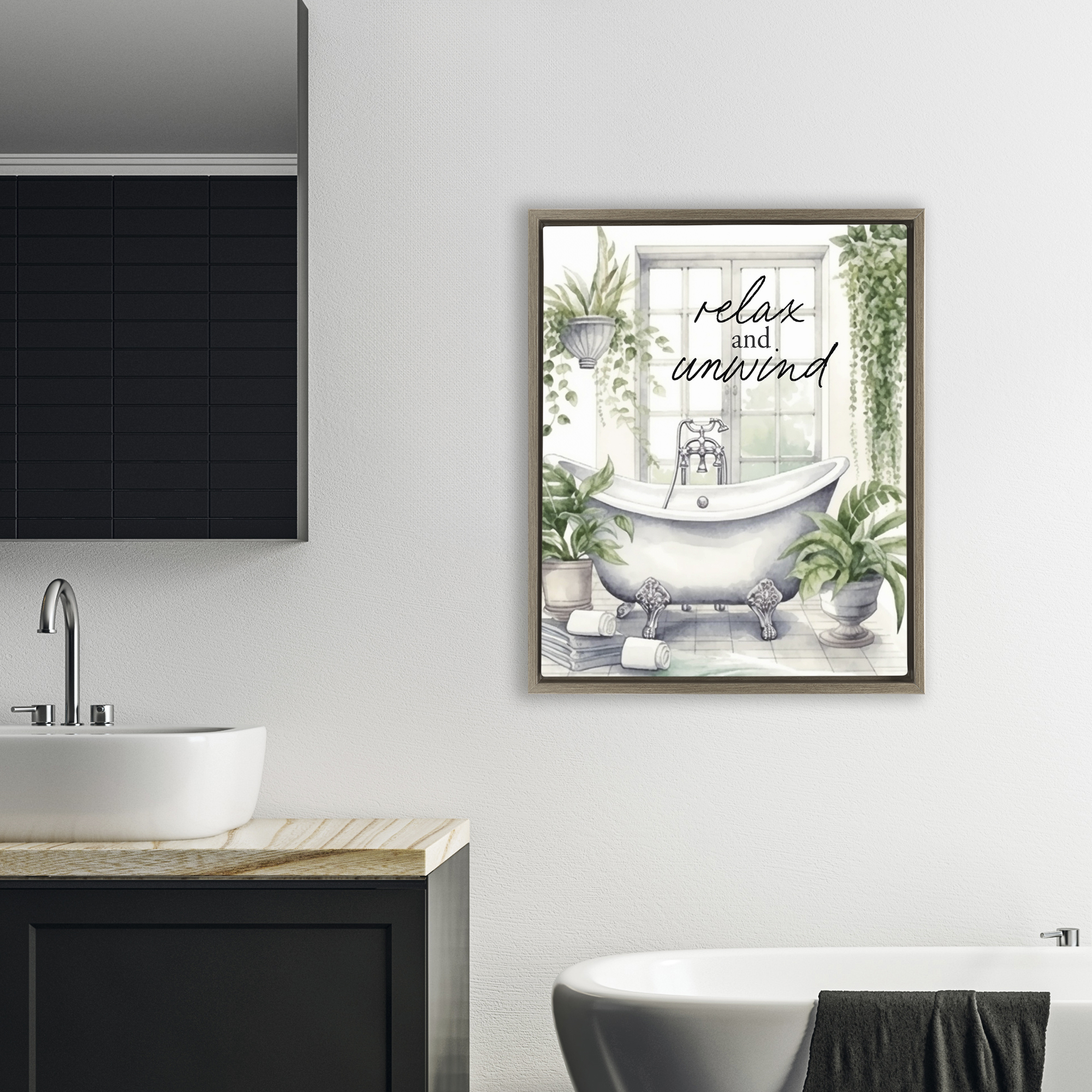 Relax Unwind Bath & Foliage Brown Framed Floater Canvas Wall Art, design by Lettered and Lined