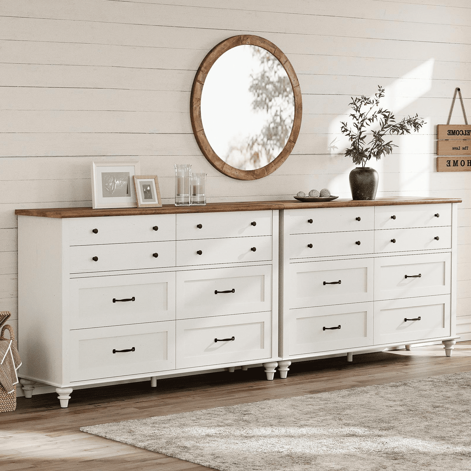 Set of 2 Dressers with 16 Drawers, Large Dresser TV Stand for Living Room Kids Room, White