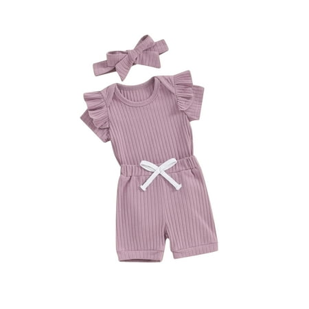 

Bslissey Baby Girls 3Pcs Summer Outfits Short Sleeve Ruffled Romper + Elastic Waist Shorts + Bow Headband 0-18M Newborn Infant Solid Color Shorts Sets