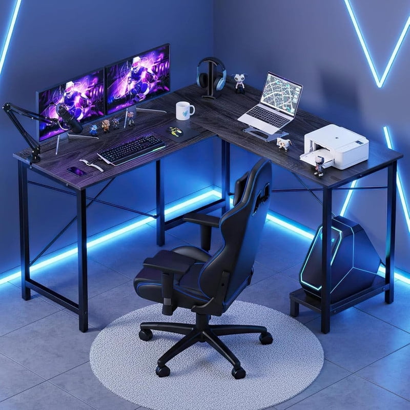 Kelno 50 Inch L Shaped Computer Desk Corner Desk with CPU Stand Side Storge Bag Study Writing Table, Grey