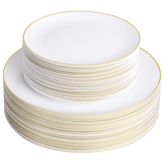 Goodluck 100Pcs Disposable White with Gold Rim Plastic Plates, Set with 50 10.25" Dinner Plates and 50 7.5" Salad Plates for Wedding, Party, Holiday
