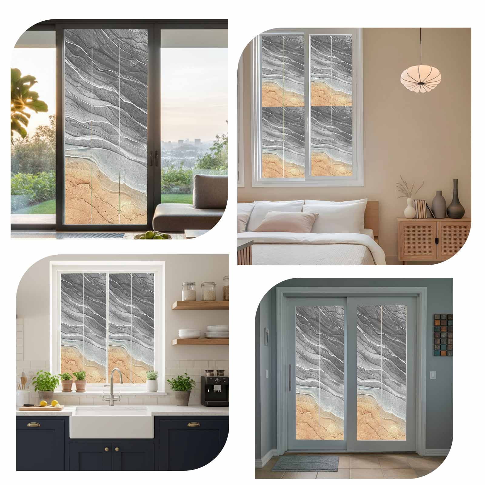 Abstract Grey Window Privacy Film, Ocean Beach Waves Lines Gradient Frosted Glass Window Clings Static Cling UV Heat Blocking Reusable Door Sticker for Bathroom 23.6 x 59 Inch