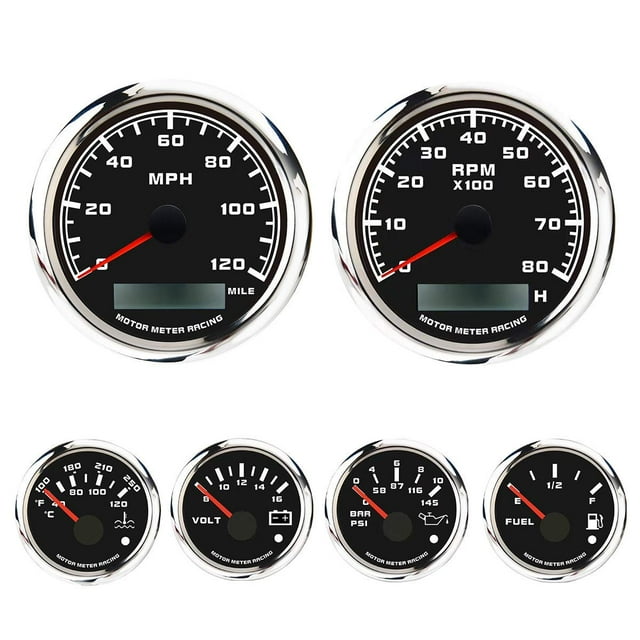 MOTOR METER RACING W PRO Series 6 Gauge Set - 85mm 3-3/8" GPS Speedometer & Tachometer 52mm 2-1/16" Volt, Fuel Level, Water Temperature & Oil Pressure Black Dial White LED - for Car, Boat & Truck