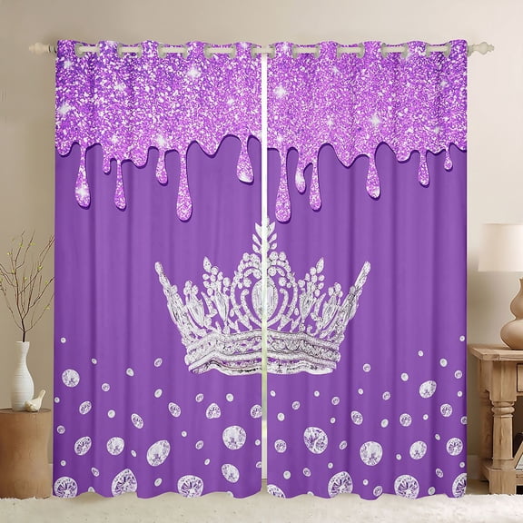 Erosebridal 3D Princess Crown Black Out Curtains,Purple Sequin Print Curtains Pack of 2 (42x63 Each) For Girls Kids