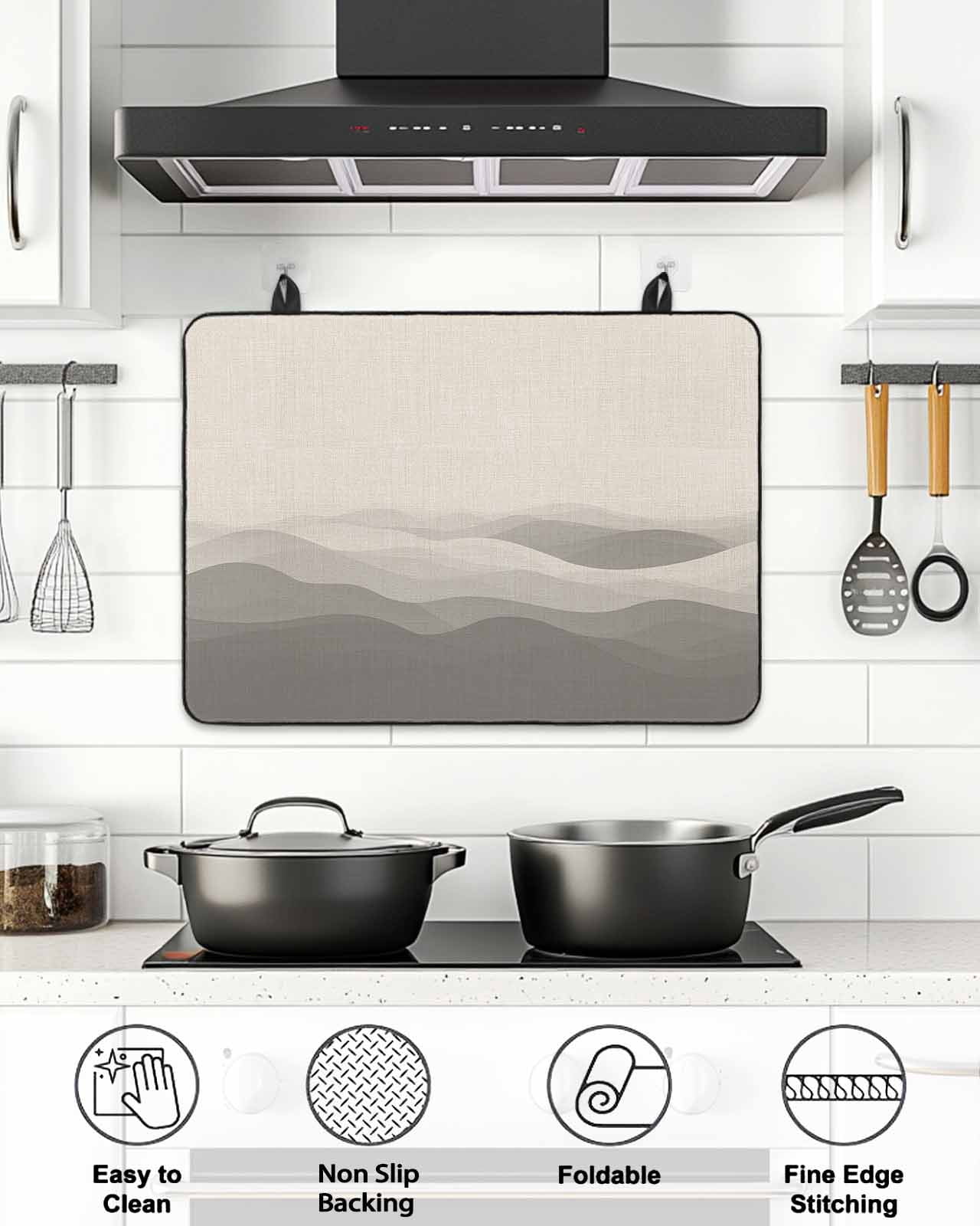 Stove Top Covers for Electric Stove, Grey Beige Ombre Glass Stovetop Cover Protector, Minimalist Ocean Waves Linen Induction Cooktop Protector Oven Mat for Kitchen Countertop 24"x21"