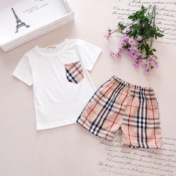 2 Pieces Boy Short-sleeve Tee & Plaid Shorts White Set - 18-24 Months