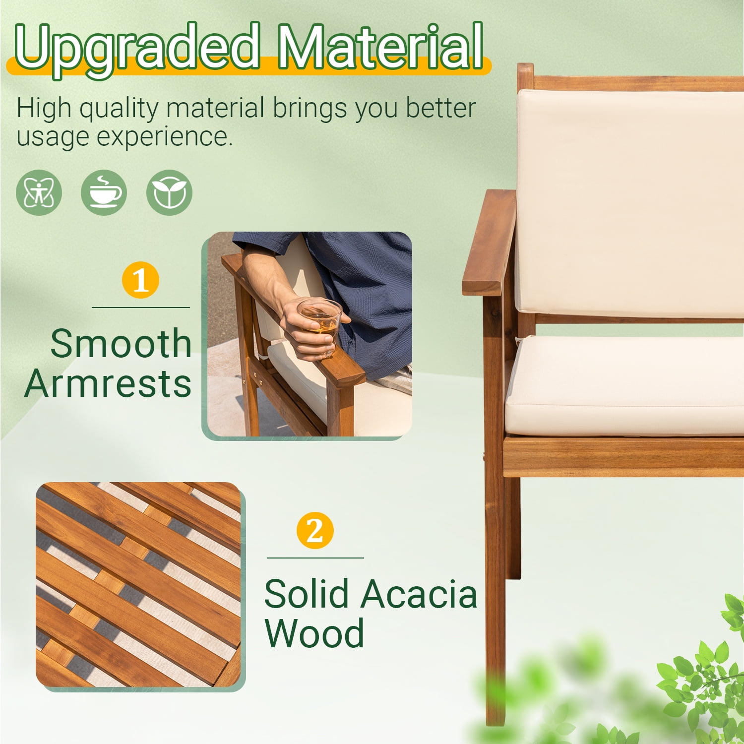 Devoko 3 Pieces Wood Patio Conversation Set Acacia Outdoor Furniture Set with Cushions and Side Table for Porch, Yard and Balcony, Beige