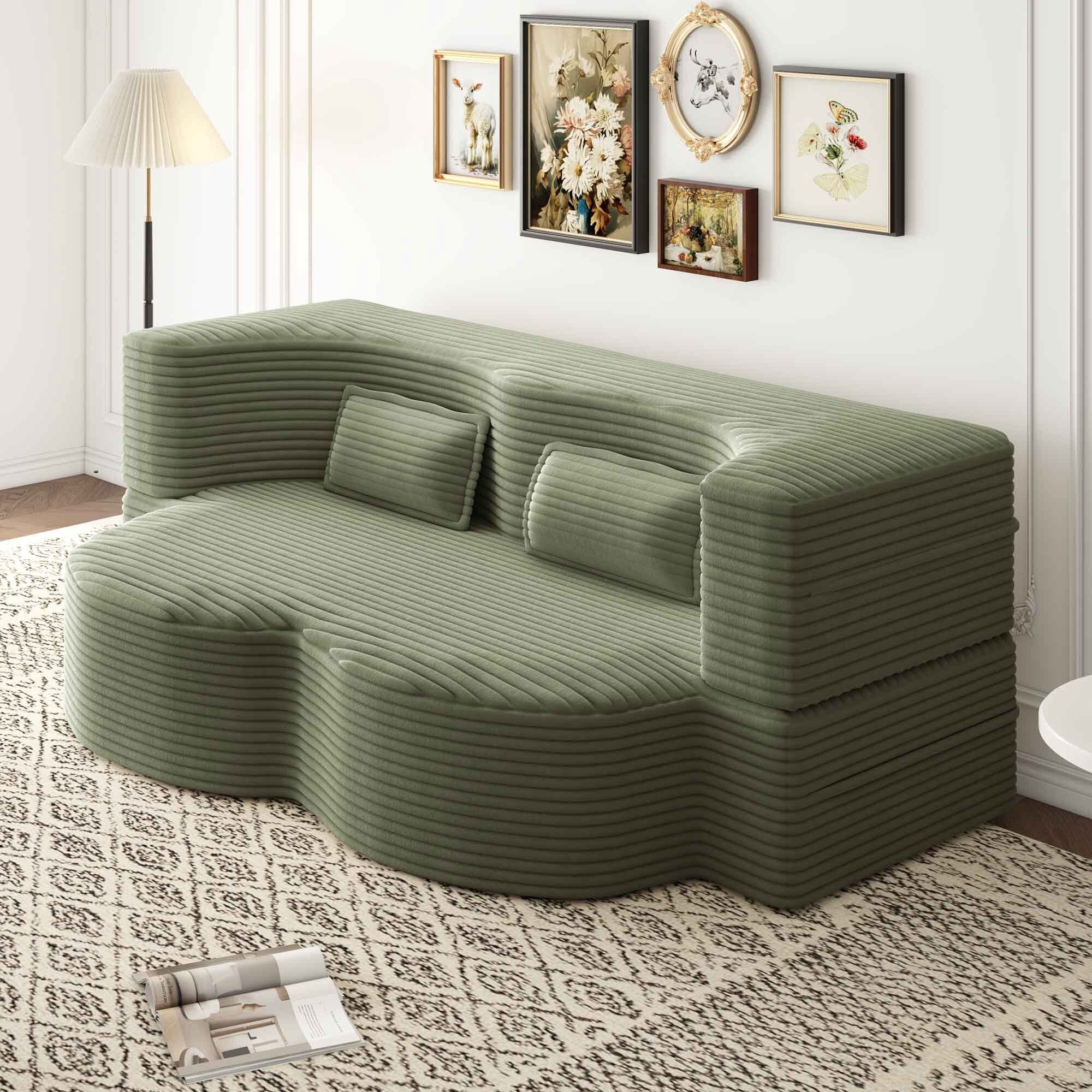 Lunale Full Size Convertible Sofa Bed, Boneless Cloud Couch, Folding Floor Sleeper Sofa for Living Room, Green Corduroy