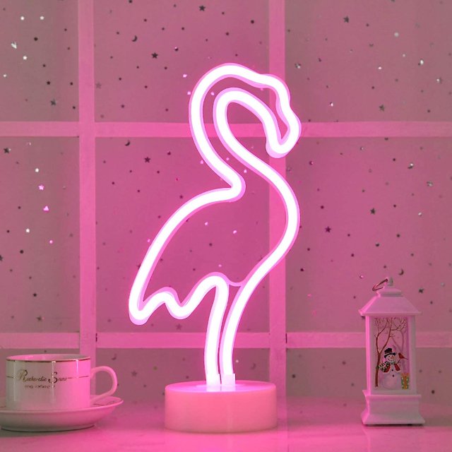Letrero de neón de flamenco: letrero de neón LED con base alimentada por batería/USB, luces de neón para dormitorio, guardería, familia, boda, fiesta, cumpleaños, día de la madre (pi