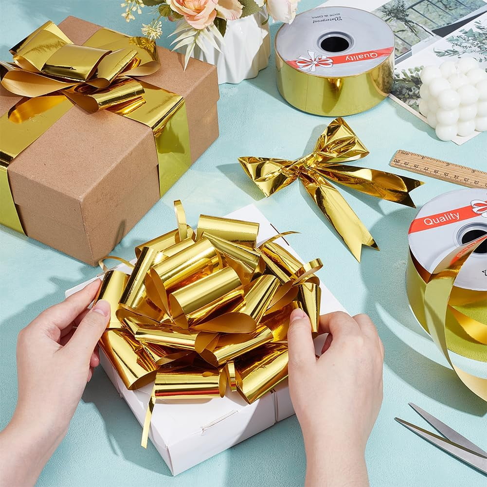 2 Rolls 200 Yards Shiny Waterproof Ribbon 2 Inch Gold Curling Ribbon for Gifts Package Wrapping Bows Crafting Wedding Festival