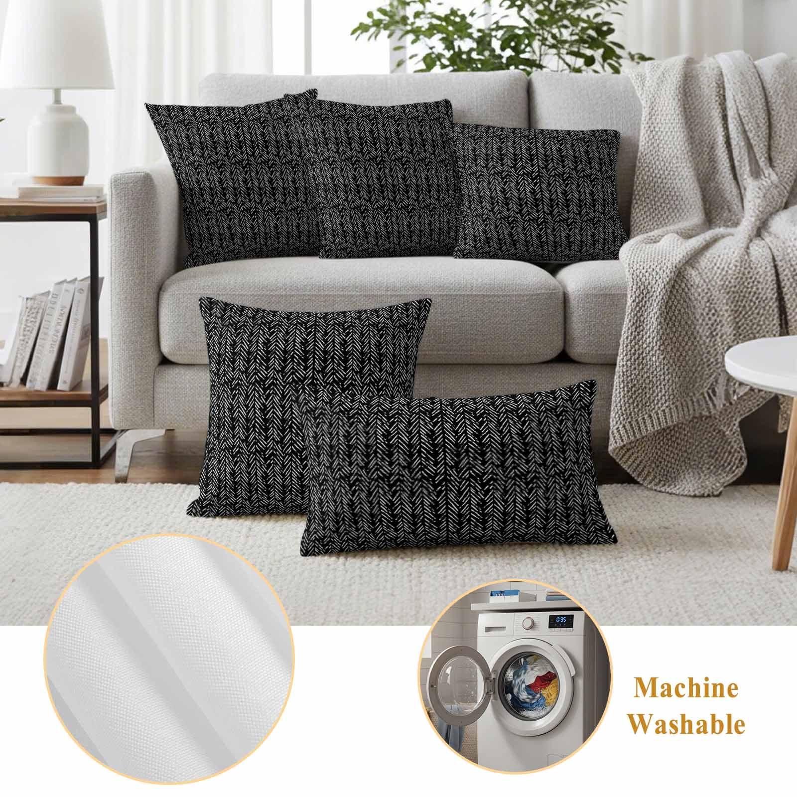 Black White Striped Outdoor Waterproof Pillow Covers, Abstract Modern Art Irregular Stripe Decorative Square Throw Pillowcase Sofa Cushion Sham for Patio/Couch/Chair, 26"x26" 2 Pack