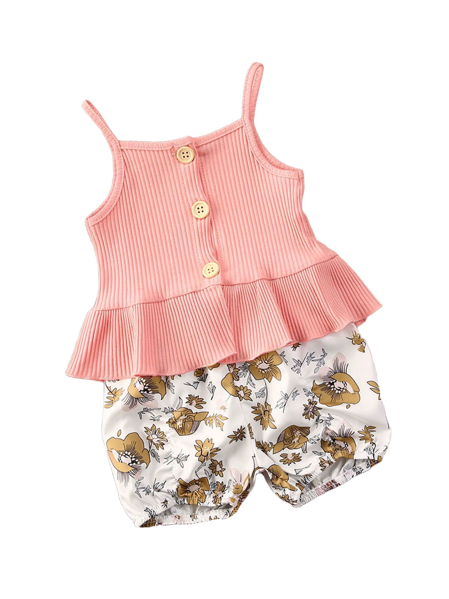 2pcs Toddler Girl Flounce One Shoulder White Tank Top and Bowknot Design Pink Shorts Set