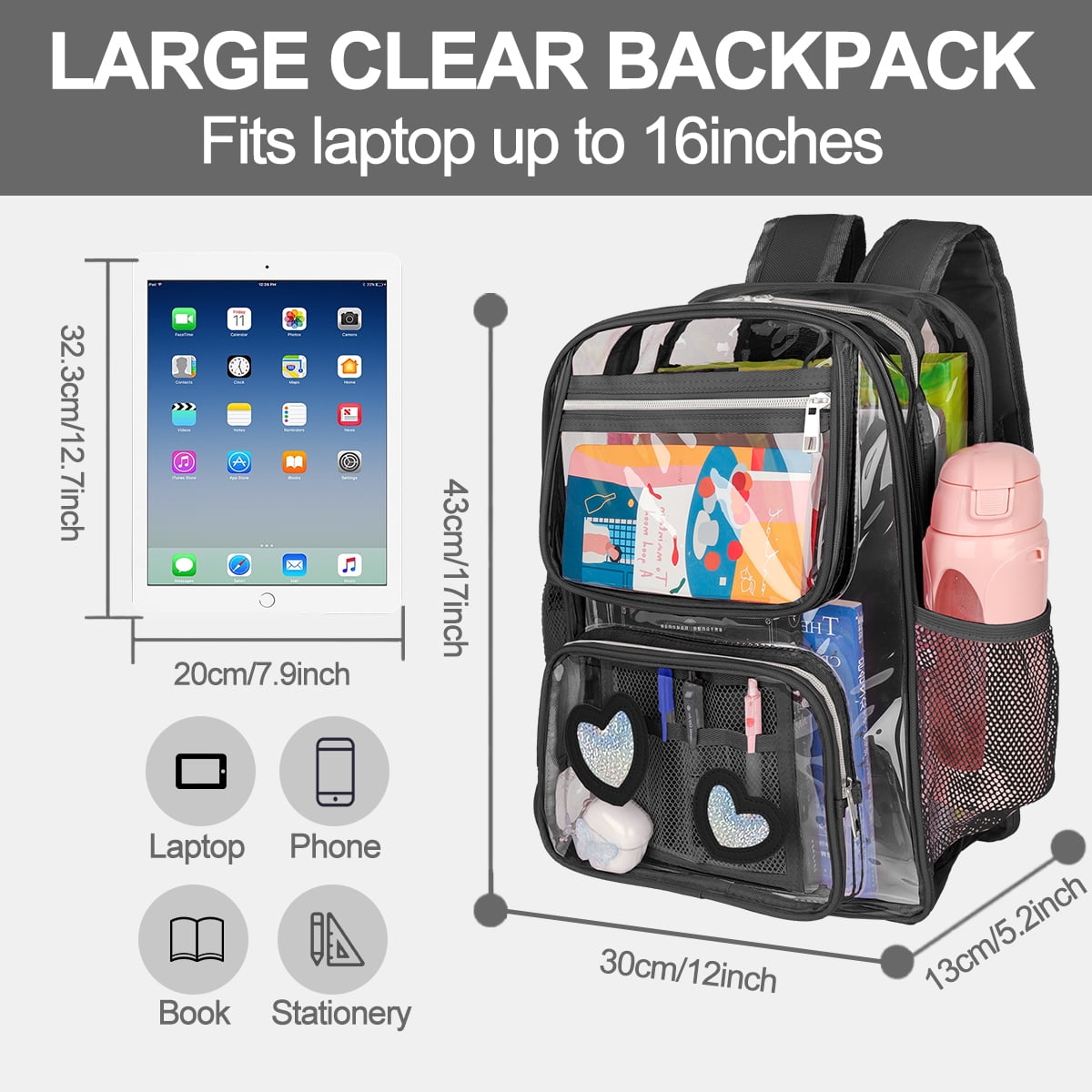 DAKIMOE Clear Backpack Heavy Duty Stadium Approved School Cute Transparent Backpacks Clear Bag Travel