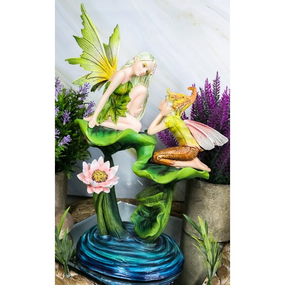 Green Pixie Tribal Fairy Sharing Thoughts with Buddy Elf by Lily Pond Figurine