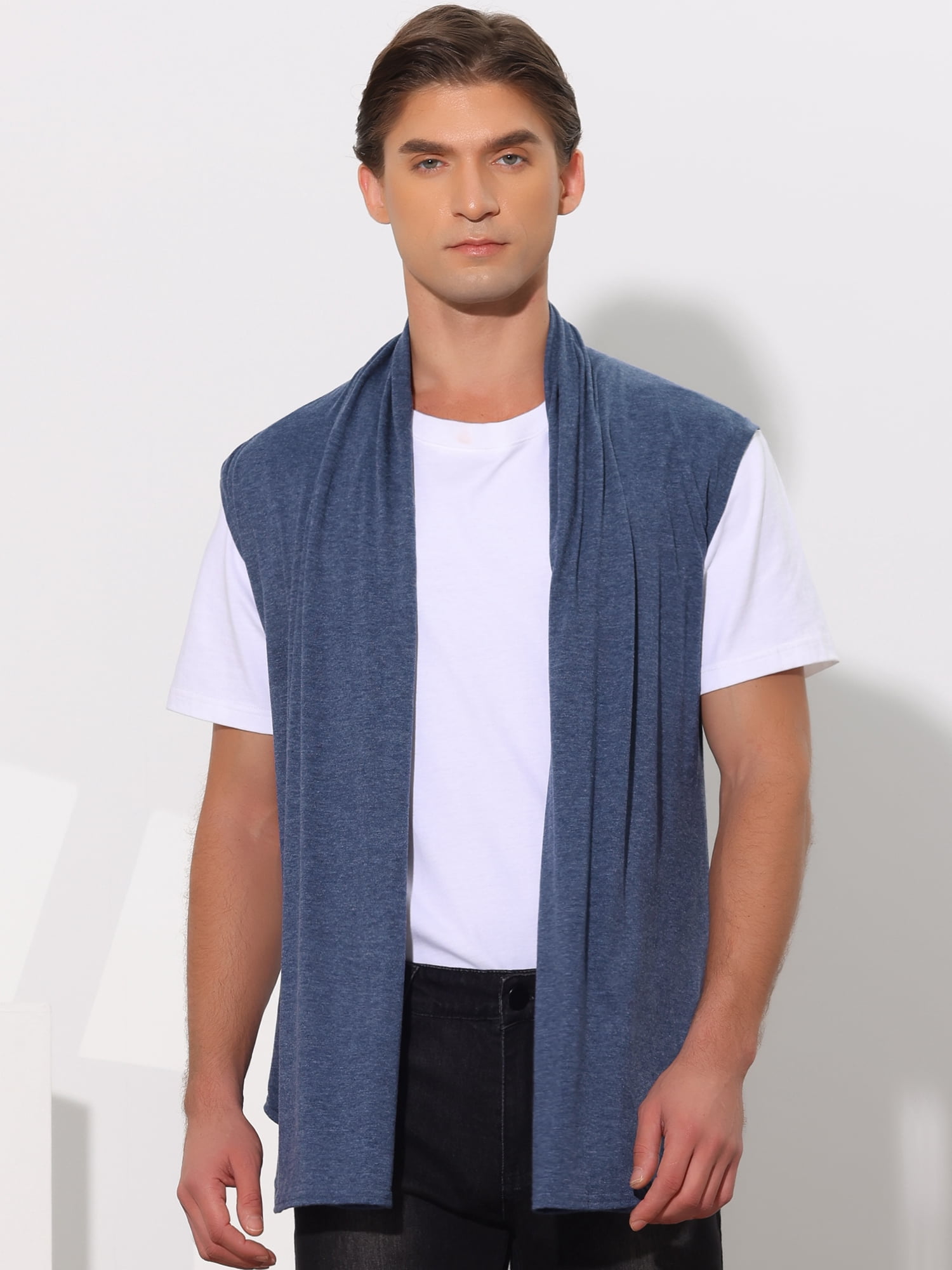 DARING DIVA Men's Sleeveless Open Front Asymmetric Hem Cardigan Vest 42 Navy Blue