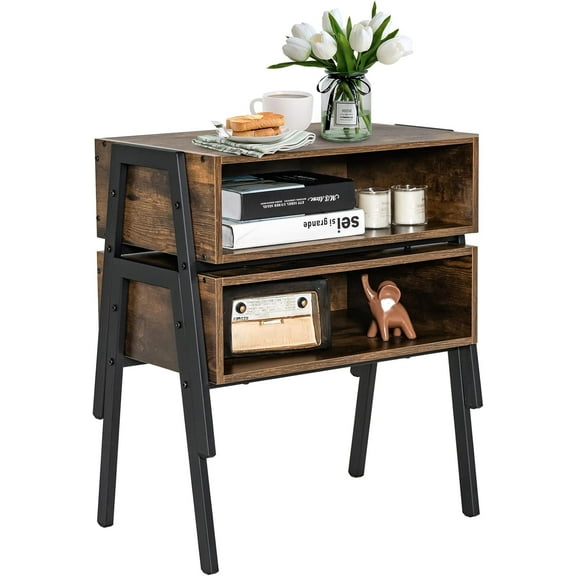 CRXX Nightstands Set of 2, Stackable End Table with Open Storage Compartment, Industrial Bedside Tables with Metal Frame, Wood Side Table for Living Room, Bedroom, Small Spaces, Rustic Brown