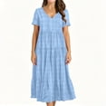 thumbnail image 2 of Miluxas Women's Summer Plaid Maxi Dress V Neck Short Sleeve Tiered Ruffle Dress Casual Loose Flowy A Line Long Dress Beach Vacation Outfits Light Blue, 2 of 6