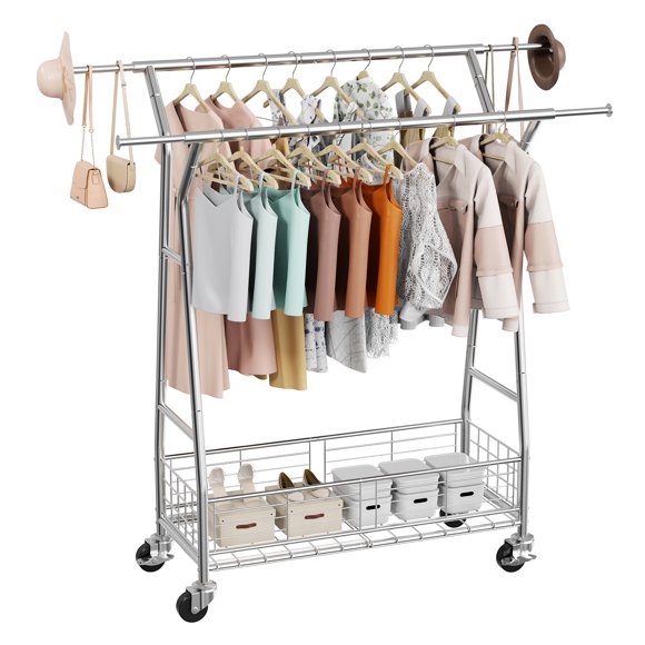 VEVOR Clothes Rack, Rolling Clothing Garment Rack with 2 Hanging Rods and Storage Basket, 330 lbs Load Capacity, Extendable Carbon Steel Clothing Racks