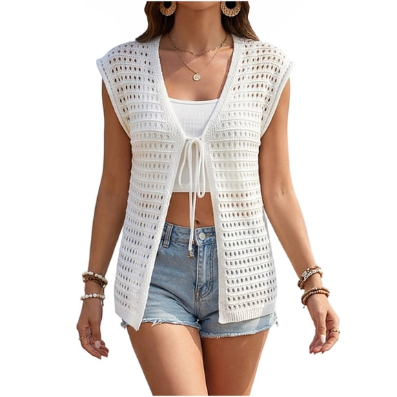 JGGSPWM Womens Tie Crochet Shrug Sleeveless Open Front Lightweight Knit Cropped Cardigan Sweaters Cover Up White S