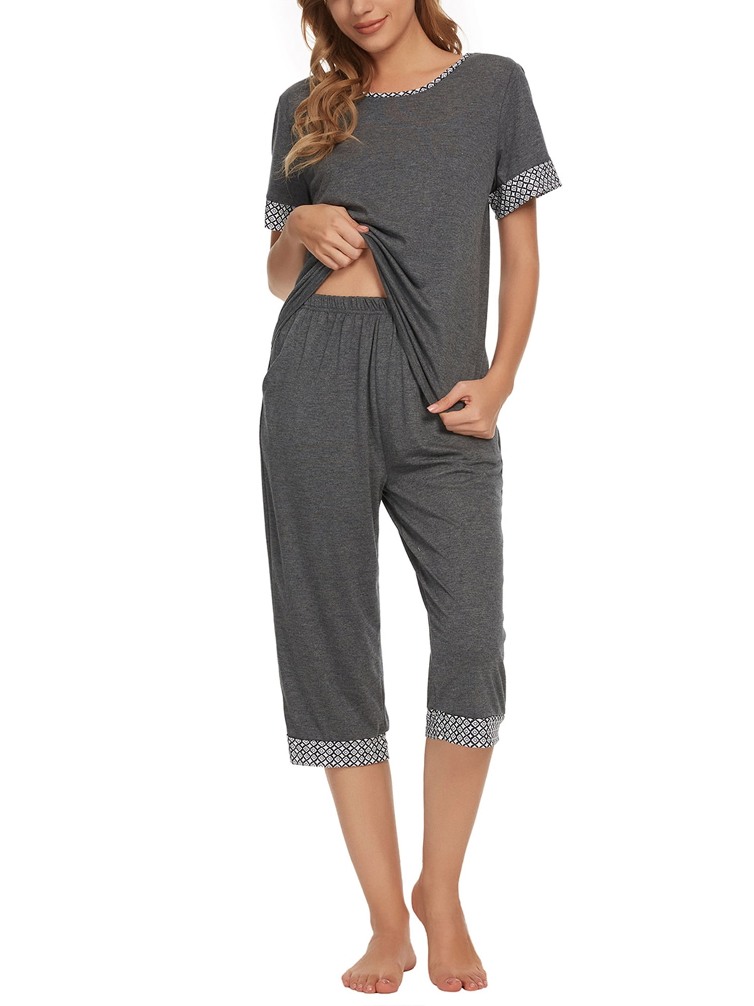 Unique Bargains Womens Pajama Set Round Neck with Capri Pants Pjs Lounge Sleepwear Sets