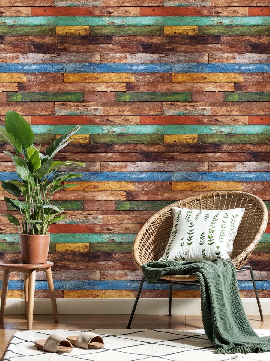 Peel and Stick Wallpaper Rustic Multicolor Wooden Plank Wall Distressed Paint Wall Mural 23.6in x 9.8ft Self Adhesive Removable Wall Paper Renter Friendly Wallpaper for Nursery Bedroom Cabinets