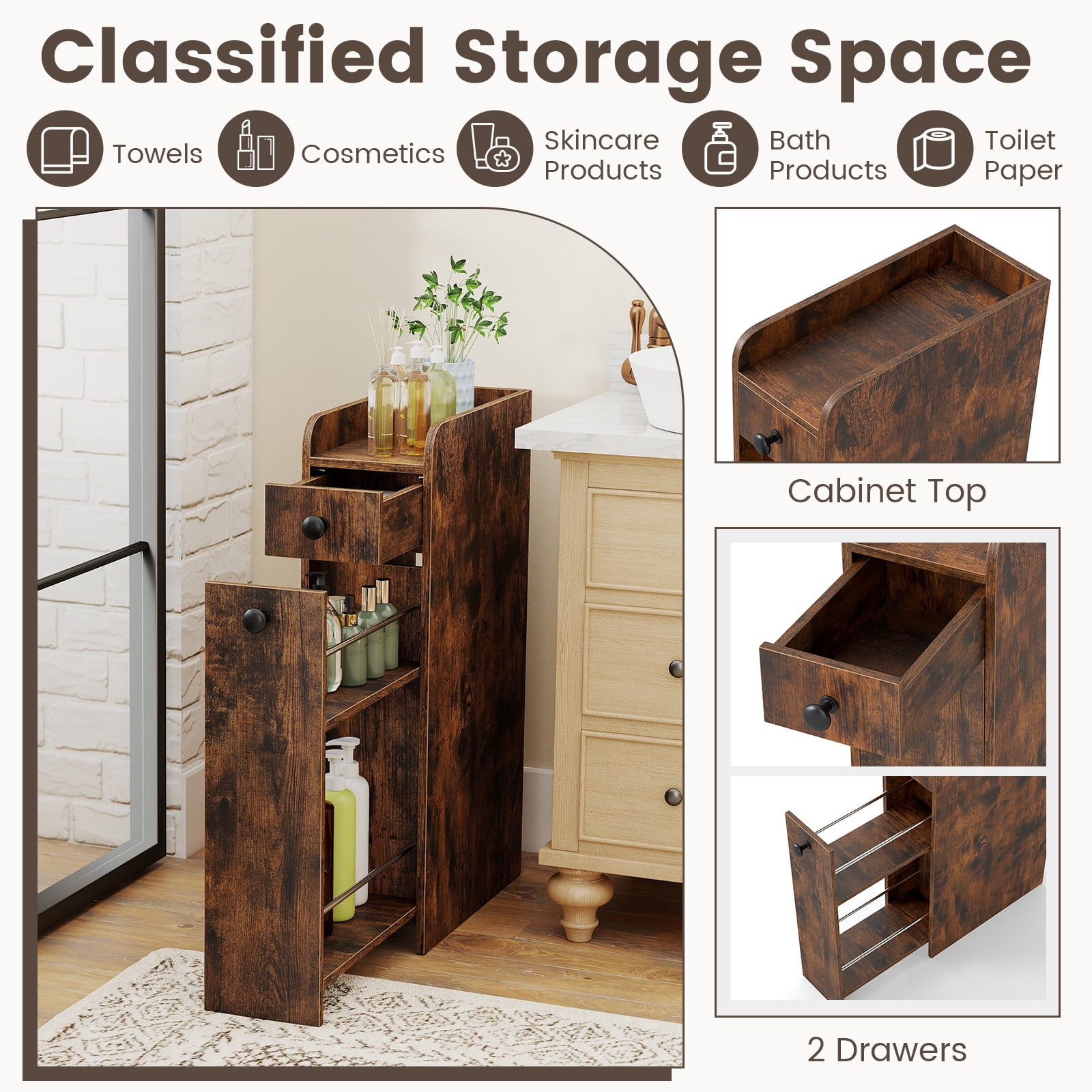 Costway Slim Bathroom Storage Cabinet with Slide Out Drawer Spacious Top Rolling Wheels Rustic Brown