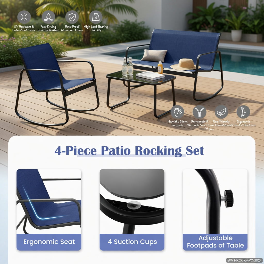 Hommoo 4-Piece Outdoor Rocking Patio Set with Tempered Glass Coffee Table, Metal Frame, Weather-Resistant Fabric, Adjustable Feet & Non-Slip Stability, Brown