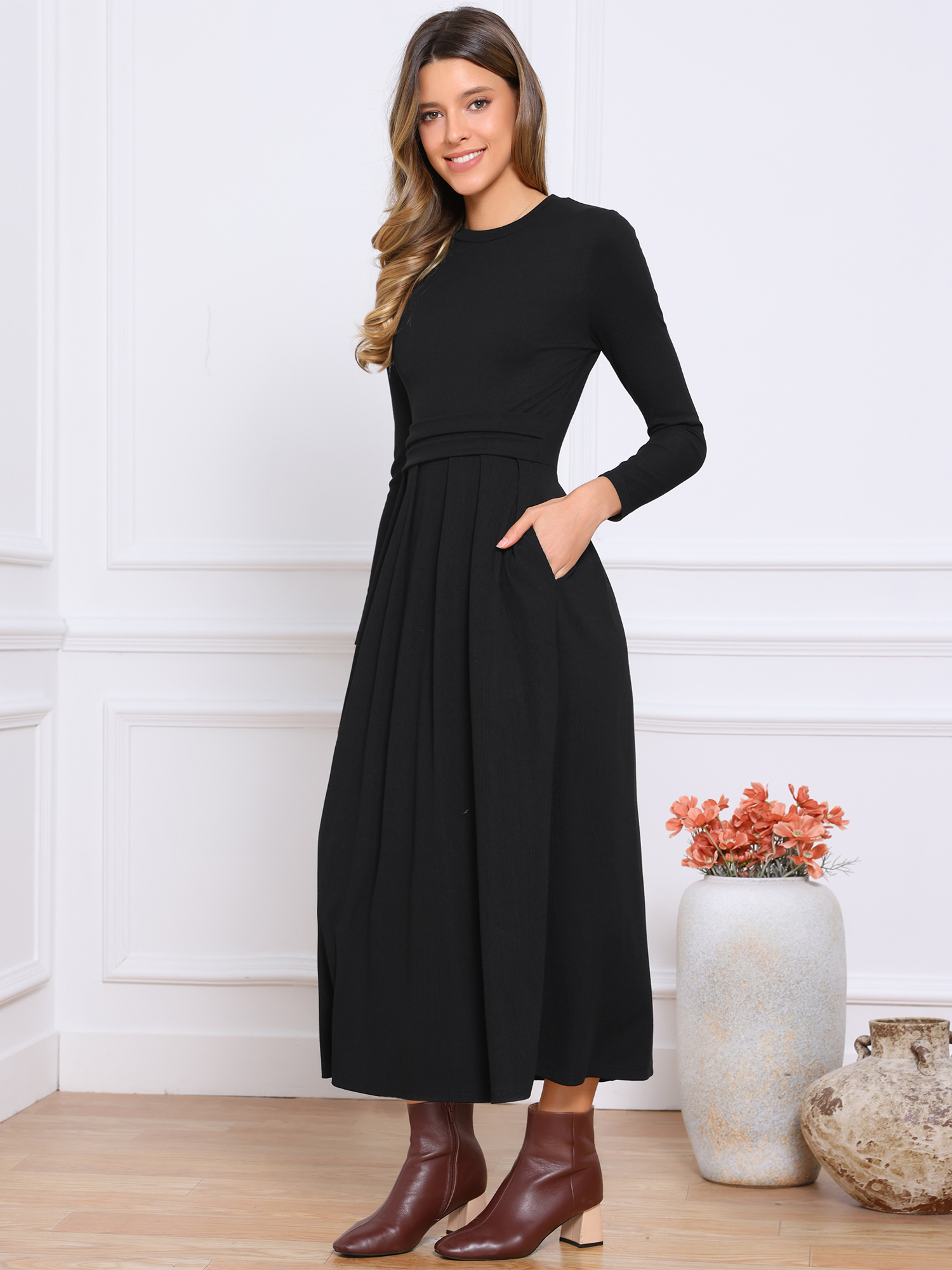 DARING DIVA Women's Long Sleeve Maxi Casual Formal Spring A-Line Dress L Black