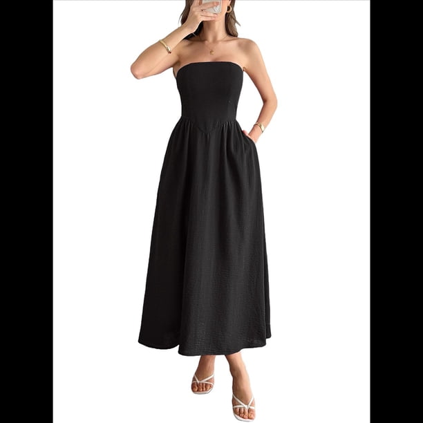 Vestido Maxi de Tubo Sin Tirantes para Mujer, Vestido Fluido, Sin Mangas, Estilo Bohemio, con Bolsillos para Verano. Negro XL
