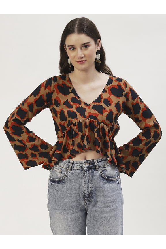 Women's Printed Viscose Rayon Clinched Waist V Neck Crop Top Long Bell Sleeves Flared Hem with Front Tie-ups Casual Wear High Waist Regular Short Blouse