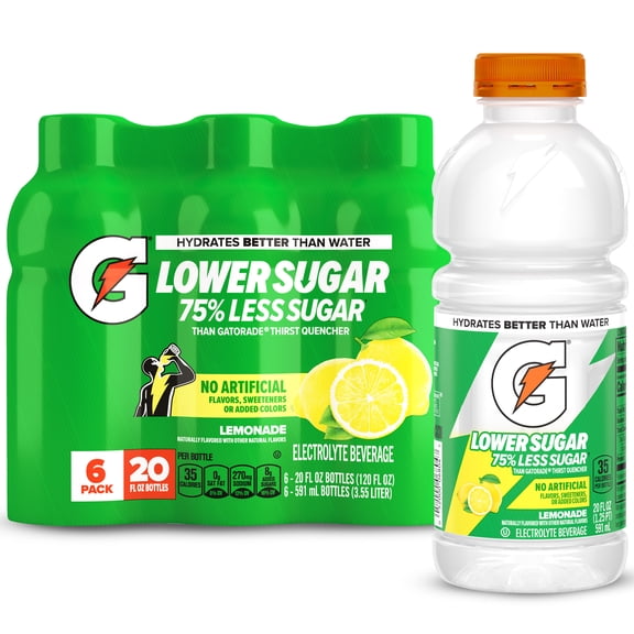 Gatorade Lower Sugar, No Artificials Lemonade Flavored Electrolyte Sports Drink, 20 fl oz 6 Pack, 75% Less Sugar, Hydration