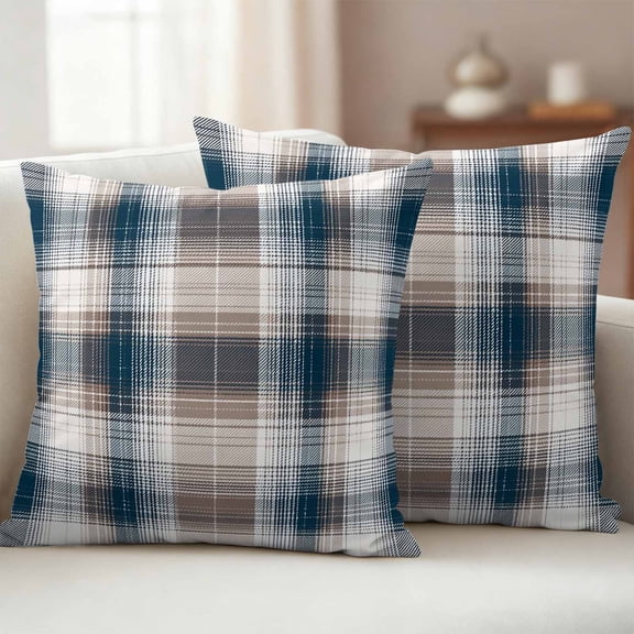 Pack of 2 Outdoor Pillow Covers,Waterproof Blue Brown Plaid Throw Pillow Covers,Modern Abstract Striped Gingham Checked Decorative Pillowcases Cushion Covers Couch Pillow Sham Protector 18x18 Inch