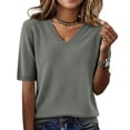 thumbnail image 3 of LEKODE Women's Plus Size Knit Sweater Pullover Top, V‑Neck Short Sleeve Ribbed Cuff for Daily Office Going Out, Casual Gray L, 3 of 9