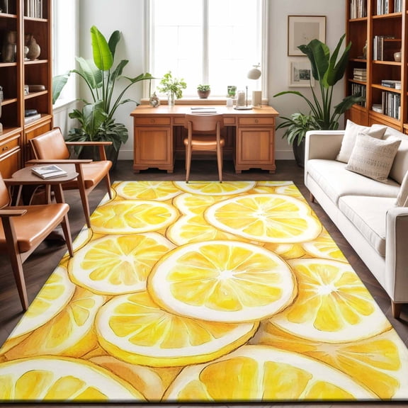 Area Rugs 5'x7', Summer Lemon Carpet Runner Indoor Outdoor Rugs Home Decor Aesthetic, Modern Oil Painting Yellow Fruits Non Slip Mats Washable Accent Rug for Living Room Bedroom