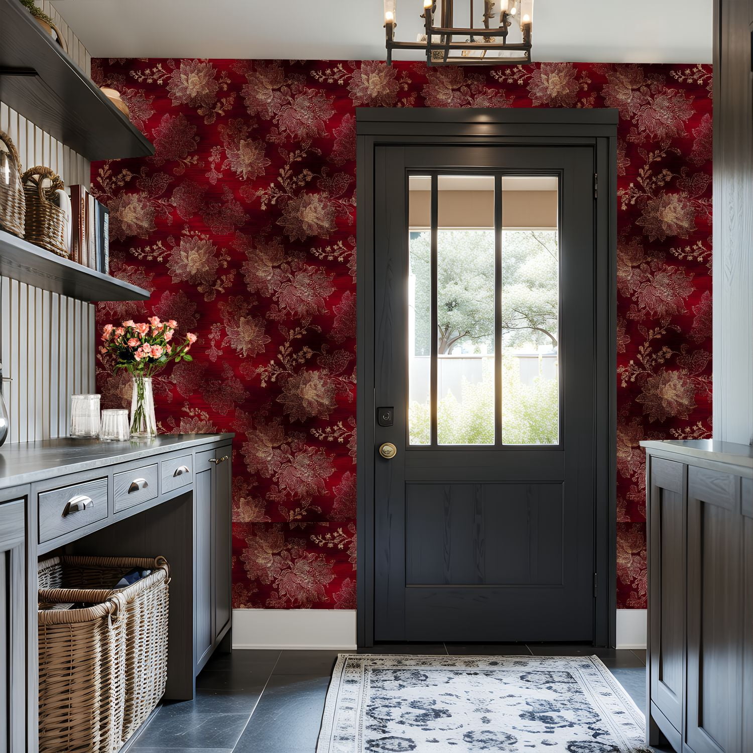 Vintage Peel and Stick Wallpaper Elegant Gold Floral Red Intricate Detailing Wall Mural 17.7in x 9.8ft Self Adhesive Removable Wall Paper Renter Friendly Wallpaper for Bedroom Livingroom Office